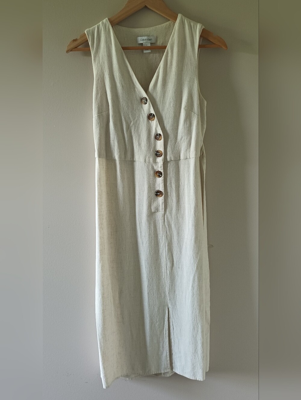 Calvin Klein Cream Linen Blend V-Neck Button-Front Midi Dress